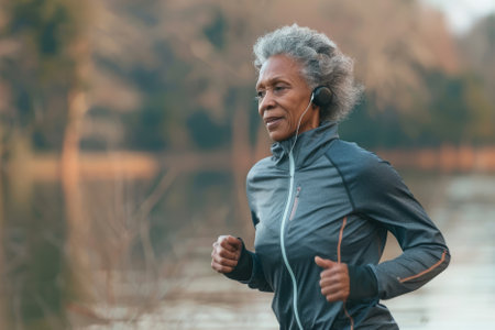 A Black senior woman listening to music while running by the lake in nature. The elderly woman is exercising to stay healthy, vital, enjoying physical activity and relaxation outdoors.の素材