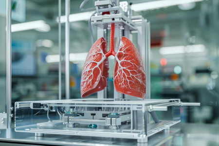 A 3D render of a Japanese medical laboratory bioprinting a 3D organ. An advanced machine is manufacturing an artificial lung with airways and blood vessels from a digital CAD model. Anatomy, genetic engineering.の素材