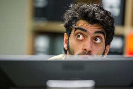 A perplexed Arab man stars at his computer screen, looking baffled and frustrated as he attempts to grasp complex information or rectify a software glitch, perhaps feeling overwhelmed by the task at hand.の素材