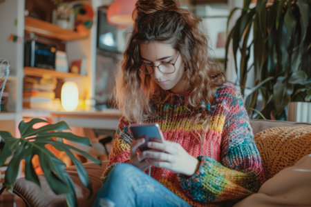 A female Spanish freelancer, in a colorful sweater, occupied with her smartphone during office hours.の素材
