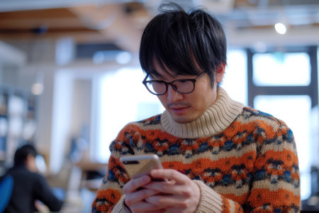 A Japanese freelancer, wearing a bright sweater, focused on his smartphone amidst office surroundings.の素材
