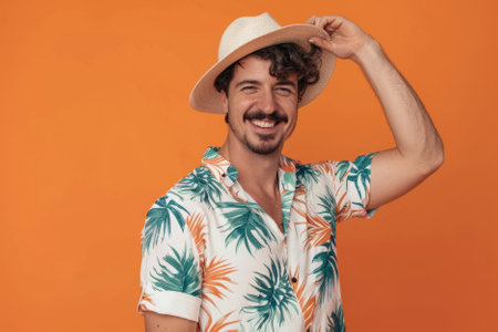 A cheerful man in summer attire happily tipping his hat in greeting against an orange backdrop. This image captures the joy of a sunny vacation moment.の素材
