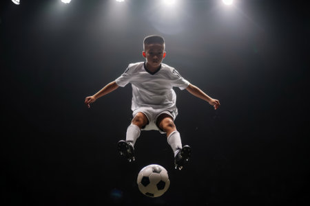 A Japanese child soccer football player jumps and kicks the ball mid-air on a black background under a spotlight in an aesthetic shot. The young boy scores a beautiful winning goal during a championship final match.の素材