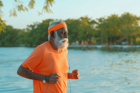 An Indian senior man listening to music while running by the lake in nature. The elderly man is exercising to stay healthy, vital, enjoying physical activity and relaxation outdoors.の素材