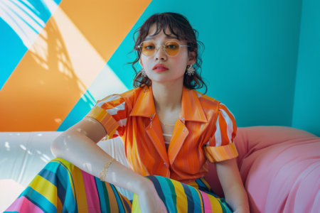 Stylish Japanese woman confidently posing in a bright room. Fashionable young lady striking a pose in a colorful creative studio environment, collaborating with a luxurious fashion brand.の素材