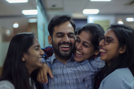Indian colleagues embracing in a collaborative office setting, exemplifying teamwork.の素材