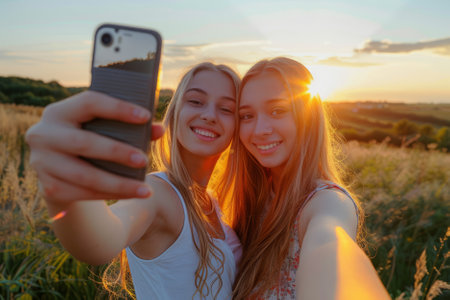 Teenage girls, inseparable best friends, enjoying a serene sunset in nature. They seize the moment by snapping a selfie with their smartphone while out for a walk.の素材