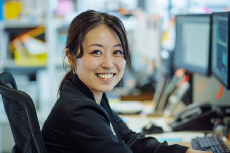 Japanese businesswoman smiling at the camera while working at her office desk.の素材
