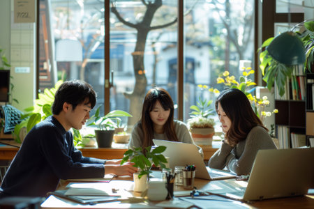 Japanese colleagues working together in a sunny co-working space.の素材