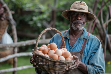 A hardworking farmer proudly holds a basket brimming with fresh chicken eggs, showing the fruits of labor on his family farm.の素材