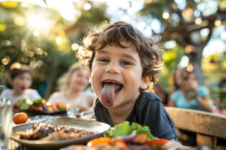 Lighthearted image of a young boy at a table outdoors, savoring grilled food at a family garden party, while sticking out his tongue in a playful manner.の素材