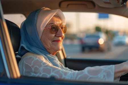 Delighted Arabian senior lady enjoying a solo car ride, embracing the independence of driving. Promoting safe driving habits for elderly drivers, ensuring their well-being on the road.の素材