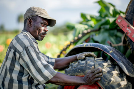 A Black farmer fixing a wheel on a tractor, engaged in harvesting crops and collecting vegetables on the family farm. Illustrating the concept of farming and agricultural business.の素材