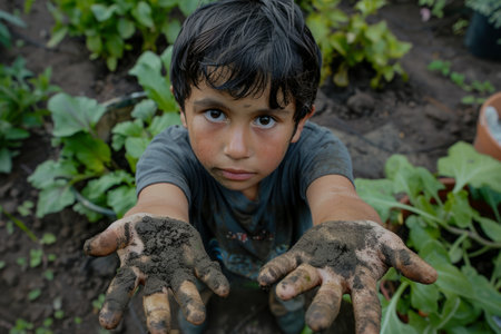 A Latino boy with soil-stained hands after tending to the garden, showing his dedication to caring for the vegetable garden and planting spring vegetables.の素材