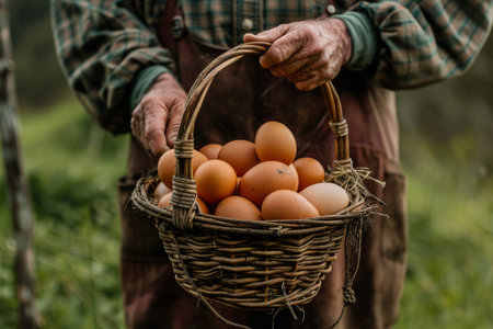 Amidst the rustic charm of the family farm, a farmer is pictured holding a basket laden with eggs freshly collected from the coop, exemplifying the rewards of rural life.の素材