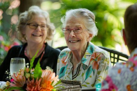 A delightful garden birthday party honoring a senior lady, with her family presenting a thoughtful gift.の素材