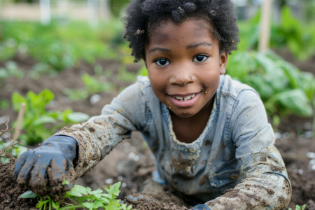 A young African American boy with dirty hands after working in the garden, diligently caring for his vegetable garden and planting spring vegetables.の素材