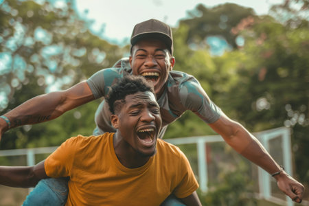 A pair of Black best friends having a blast playing sports outdoors, rejoicing over a goal as one gives the other a piggyback ride. Capturing the essence of male friendship and bromance.の素材