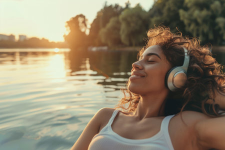 A Latino woman, feeling at ease, listening to music with headphones while lying on a pier beside a peaceful lake in the summertime.の素材