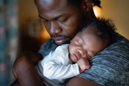 African American parent cradling their newborn baby. Unwavering parental affection, celebration of Father's Day.の素材