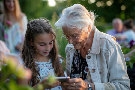 A heartwarming scene unfolds at a garden party as a young girl enthusiastically shares something on her smartphone with her elderly grandmother, reflecting the deep love and closeness they share.の素材