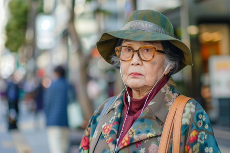 Japanese senior woman on the street. Elderly chic woman listening to music outdoors, having fun. Depicting the concept of an old woman young at heart.の素材