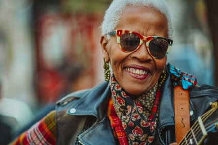 African American senior woman on the street. Elderly stylish woman enjoying music outdoors, having fun. Illustrating the concept of an old woman young at heart.の素材