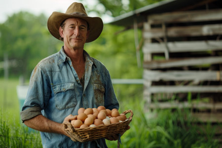 At his family farm, a farmer stands with a basket filled with freshly gathered chicken eggs, embodying the essence of agricultural tradition and sustainable living.の素材