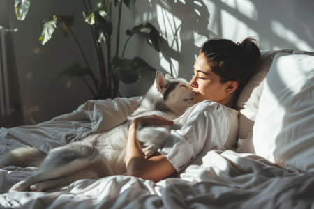 Arabian woman residing solo in her apartment. Lovely single lady reclining on her bed, caressing her dog, indulging in the weekend.の素材