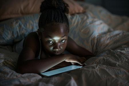Captivated by the screen, a young girl lies on her bed, engrossed in her tablet's content, highlighting the prevalence of screen time among today's youth and its impact on childhood experiences.の素材