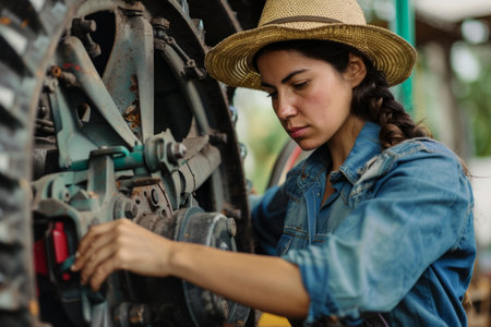 Latino woman fixing a tractor wheel. Modern farmer working independently on her agricultural machinery. Women's contribution to farming.の素材