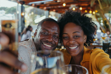 Black couple enjoying a restaurant date, snapping a selfie on the terrace. The boyfriend and girlfriend savoring the spring ambiance during their outdoor lunch.の素材