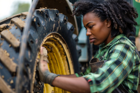Black female farmer adjusting a tractor wheel. Forward-thinking agriculturalist maintaining her farm equipment. Women's role in farming.の素材