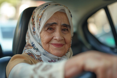 Delighted Arabian senior lady enjoying a solo car ride, embracing the independence of driving. Promoting safe driving habits for elderly drivers, ensuring their well-being on the road.の素材