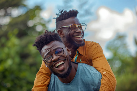Two African American buddies enjoying outdoor sports, celebrating a goal with one carrying the other piggyback. Illustrating the bond of male friendship and bromance.の素材