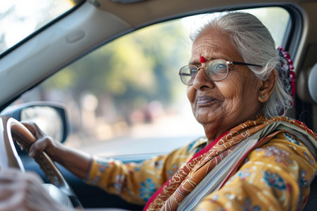 Contented Indian older woman driving her car solo, savoring the driving experience. Promoting safe driving initiatives for seniors, emphasizing older driver safety.の素材