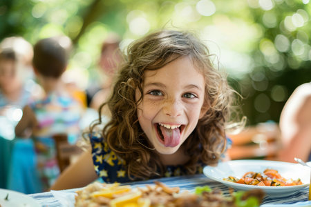 Lighthearted image of a young girl at a table outdoors, savoring grilled food at a family garden party, while sticking out her tongue in a playful manner.の素材