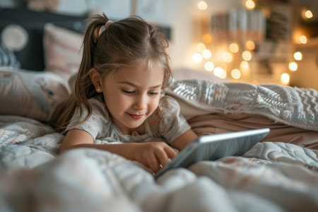 Delighted by the content on her tablet, a young girl reclines on her bed, showing the allure of digital devices and their role in children's entertainment and education.の素材