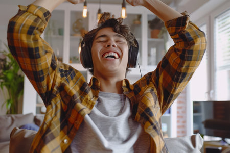 A delighted and energetic Hispanic teen guy, representative of Gen Z hipster culture, wears headphones as he dances at home. He's immersed in the music playing on his mobile phone, feeling funky and having fun in the living room. The authentic shot captures his genuine joy and energy as he moves to the rhythm.の素材