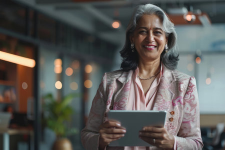 A smiling Indian mid-aged mature professional businesswoman banking manager, a 40s female executive or entrepreneur, confidently holds a fintech tab digital tablet while standing in her office at work, looking at the pad.の素材