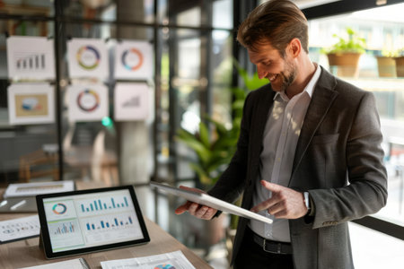 A smiling, busy young Caucasian business man entrepreneur is standing in his office at work, immersed in a tablet. The happy male professional executive manager is using the tablet computer to review financial, banking, or marketing data.の素材