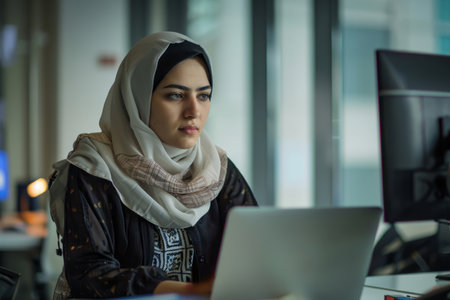 Concentrated on her work, a busy Arabian business woman sits at her office desk, engrossed in her laptop. The professional businesswoman, a valued employee of the company, focuses on the computer screen, deliberating online investment risks and scrutinizing online financial data.の素材