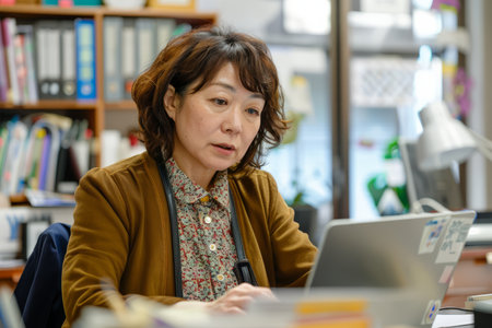 Seated at her office desk, a busy Japanese business woman is engrossed in her laptop. The professional businesswoman, a dedicated employee of the company, carefully examines the computer screen, contemplating online investment risks and analyzing online financial data.の素材