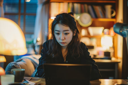 A young Japanese woman immersed in e-learning or remote work at her home office, utilizing a laptop for webinars and online training, exemplifying commitment to digital education.の素材