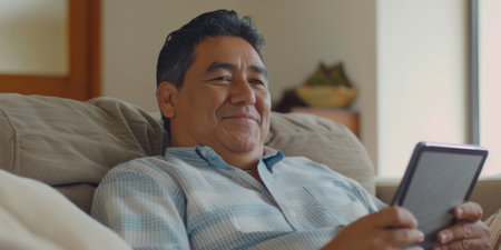 A happy Latino middle-aged man is using a digital tablet while relaxing on the couch at home. The mature male user holds the tablet computer, sitting on the sofa in the living room and looking away. There is copy space available.の素材