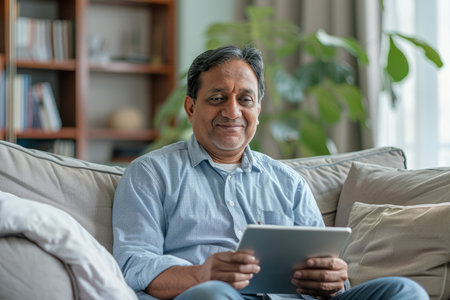 A happy Indian middle-aged man is using a digital tablet while relaxing on the couch at home. The mature male user holds the tablet computer, sitting on the sofa in the living room and looking away. There is copy space available.の素材