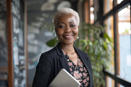 A smiling Black mature businesswoman executive, a happy middle-aged businesswoman entrepreneur, confidently holds a digital tablet and looks at the camera while standing in her office at work. Portrait.の素材