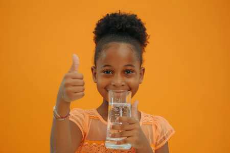 A beautiful Black girl drinks water from a glass and gives a thumbs-up gesture, expressing satisfaction or approval.の素材