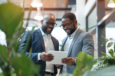 A business team of two happy successful professional African American business men executives is working together standing in the office, using digital tablet computer technology to manage data. They stand in a corporate office, collaborating on tasks and projects.の素材