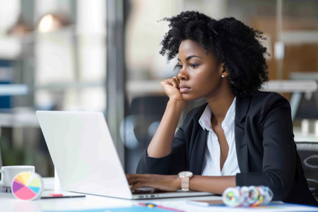 A busy African American business woman is focused on her laptop as she sits at her office desk. The professional businesswoman, an employee of the company, gazes at the computer screen, pondering online investment risks and scrutinizing online financial data.の素材